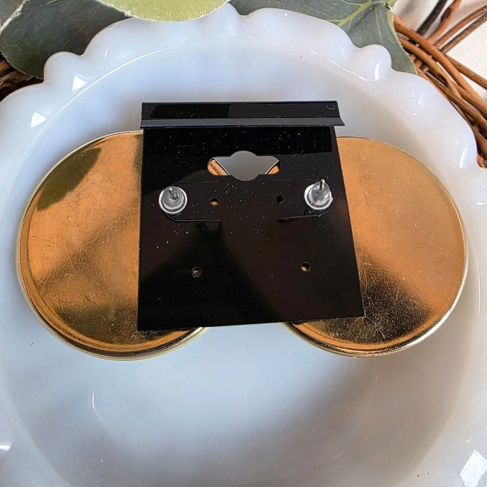 Vintage 80s Button Stud Earring Set of 2 Plaid‎ Apple & Houndstooth Gold Tone